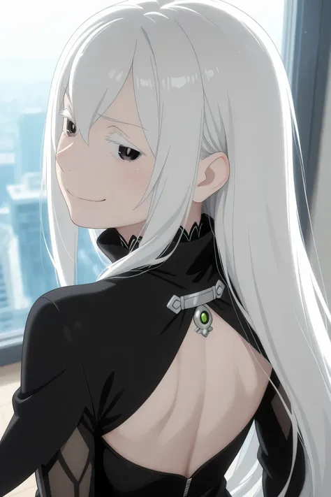 echidna rezero, cleavage, looking confident, smug expression, view from back, looking back, view from above