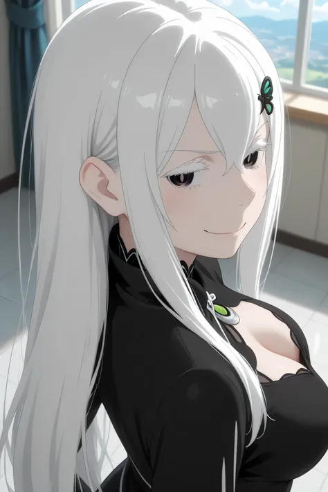 echidna rezero, cleavage, looking confident, smug expression, view from back, looking back, view from above
