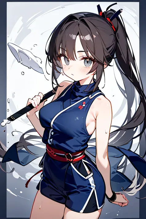 NINJA WIND,Beautiful Girls,((short ponytail)),mystical atmosphere, natural body,(Hand guard, long mufflers, socks,)(sleeveless+Bleaching+object+shorts=Navy Blue Ninja Outfit)detailed clothes,(slender figure,marshmallow breasts ,),beautiful dark hair,well-g...