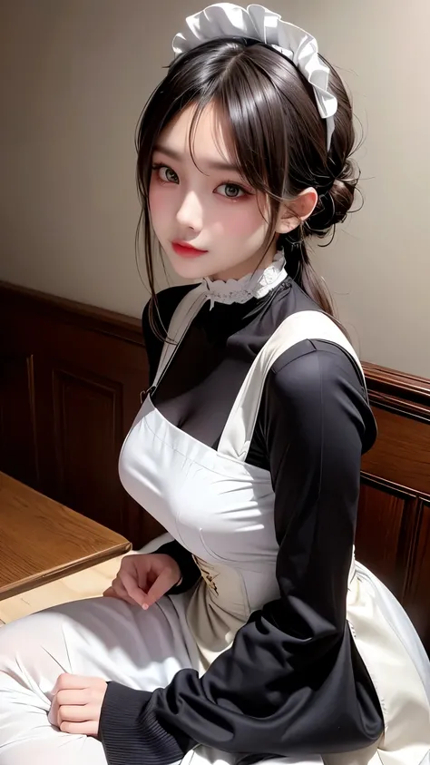 She is a fair-skinned Korean girl, The image depicts a stylized anime-style illustration of a maid character. She is wearing a black and white maid outfit, which includes a fitted bodice, puffy sleeves, and a large white apron. Her hands are positioned ove...