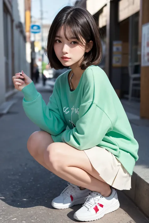 A young woman crouches gracefully, wearing a trendy Korean-style casual outfit. She has on an oversized pastel sweatshirt paired with a short pleated skirt, creating a playful yet stylish silhouette. The combination exudes a youthful, street-chic vibe popu...