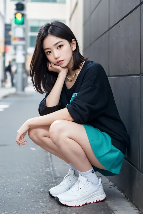 A young woman crouches gracefully, wearing a trendy Korean-style casual outfit. She has on an oversized pastel sweatshirt paired with a short pleated skirt, creating a playful yet stylish silhouette. The combination exudes a youthful, street-chic vibe popu...