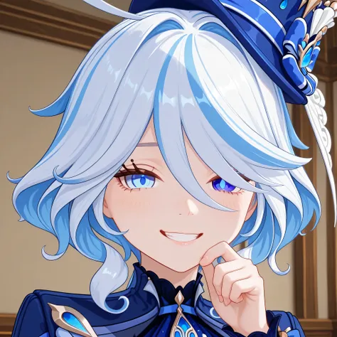 furina genshin impact, close-up. She has a playful, smug grin and a mischievous spark in her eyes. Slightly tilted head, exuding confidence and a hint of theatrical charm. High detail digital art.