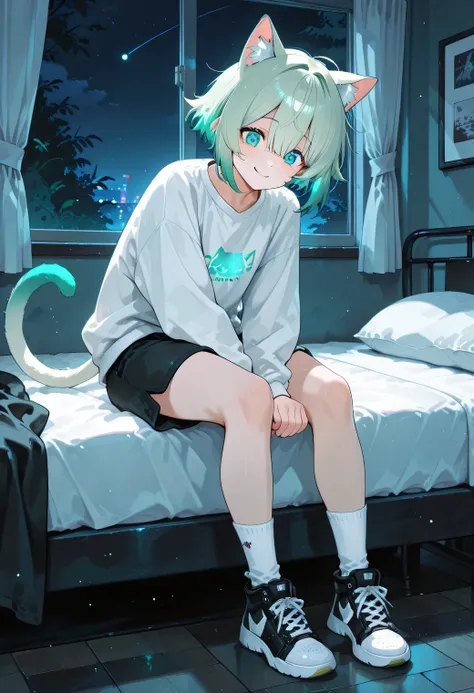 Cat ears,with a nervous expression,green hair,blue pupil,boy,white sweatshirt, shorts, white socks,black sneakers with left foot,Smile,In the bedroom,night
