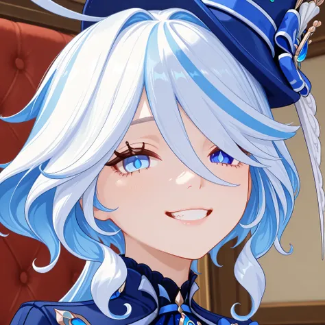 furina genshin impact, close-up. head tilt sideways, She has a playful, smug grin and a mischievous spark in her eyes. Slightly tilted head, exuding confidence and a hint of theatrical charm. High detail digital art.