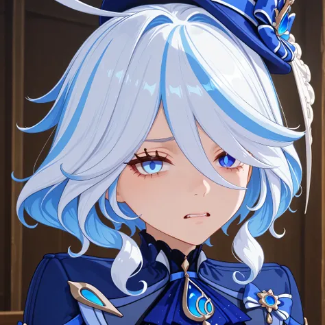 furina genshin impact, Close-up shot of a face conveying intense skepticism, disgust, and judgment