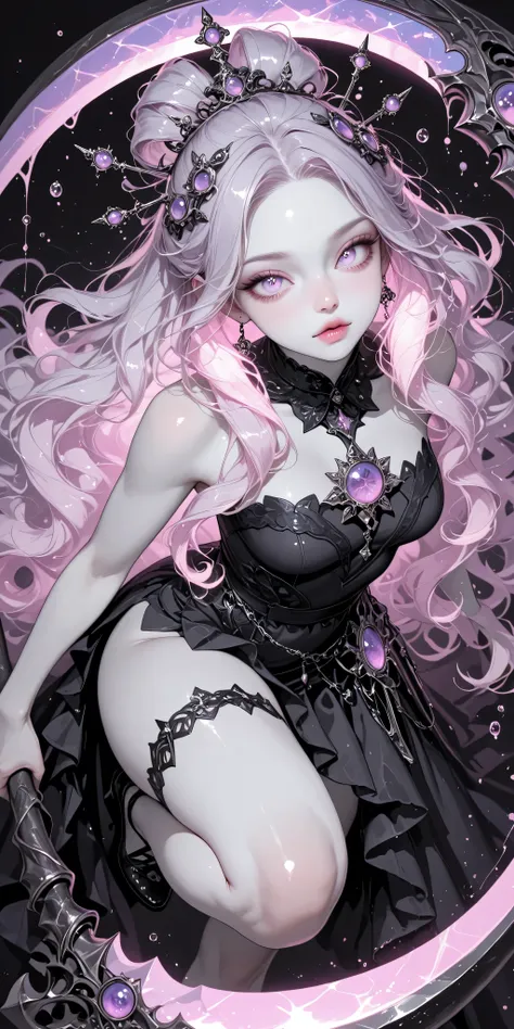 Girl, extra long hair, ornate hair ornaments, amethyst color hair, wavy hair, tied hair, upper knee dress, gloss, dynamic pose, whimsical, more details, more texture, glowing hair, dynamic angle, grayscale, vibrant color, dynamic eye color, shimmering eyes...