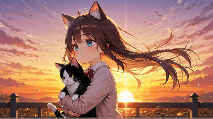 Cute girl with cat ears hugging a cat、The girl's hair is fluttering in the wind、The background is the sunset