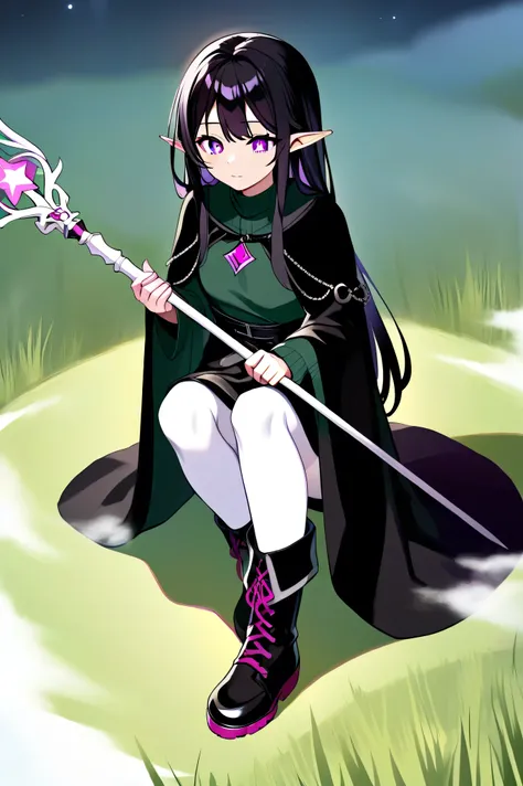 long ear elf, small breasts, the length of hair to knees, black hair with some magenta reflections, bright magenta eye with star shaped pupil, green sweater, black dress, a black cloak-like robe and white stockings, black boots, grassland, holding a white ...