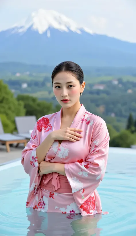 a beautiful woman, soaking in hot spring, mountain fuji background with bright blue sky, head looking camera, Using long kimono material satin color pink floral print, Both hands cover the chest, payudara besar, bibir merah, wet kimono exposed to water, w...