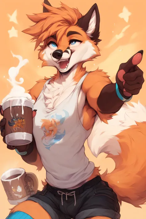 A cheerful anthropomorphic fox character stands against a warm background,  orange background, holding a mug with both hands. The character is charmingly depicted with large, expressive blue eyes and a gentle smile, pointing to a moment of excitement or re...