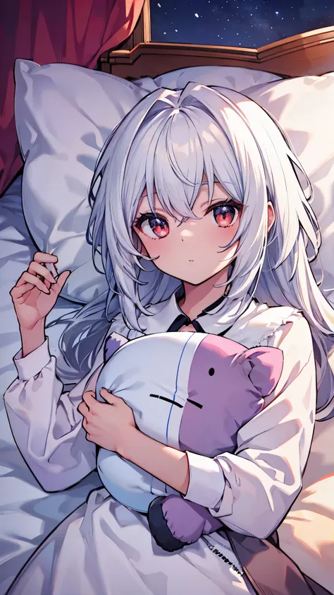 top grade 、white hair、long hair,straight hair,red eyes、Beautiful Girls、Petite、,flat chested,(,shirt,Large stuffed animal,pillow),bedroom,On the bedding,,,night,