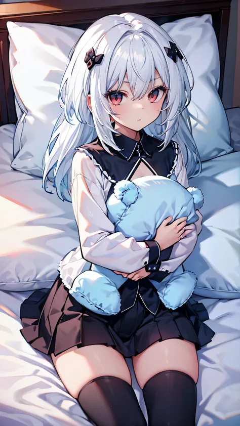 top grade 、white hair、long hair,straight hair,red eyes、Beautiful Girls、Petite、,flat chested,(,shirt,Large stuffed animal,pillow),bedroom,On the bedding,,,night,