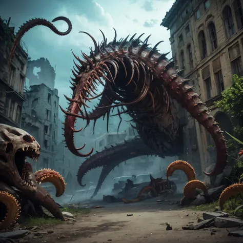 ruin city, old city, wreakage, shadow, mystical creature, legion of creatures, swarm, glowing eyes, a lot of teeth, tentacles, zombie-like creature, decompose, no legs, slither, very long tail