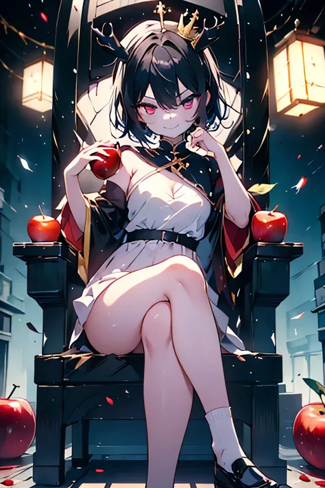 ,Whole body,,short hair,black hair,,heterochromia,red eye,purple eye,,eyes are shining,golden large crown,cute,is cool, eating a red apple ,smirking expression with one hand,He wears one gold crown on his head,facing the front,Erotic,Moose Sleeve,, sitting...