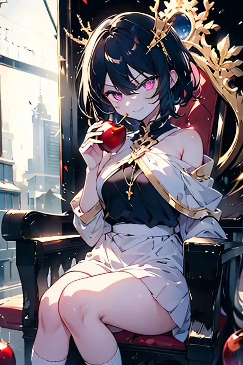 ,Whole body,,short hair,black hair,,heterochromia,red eye,purple eye,,eyes are shining,golden large crown,cute,is cool, eating a red apple ,smirking expression with one hand,He wears one gold crown on his head,facing the front,Erotic,Moose Sleeve,, sitting...