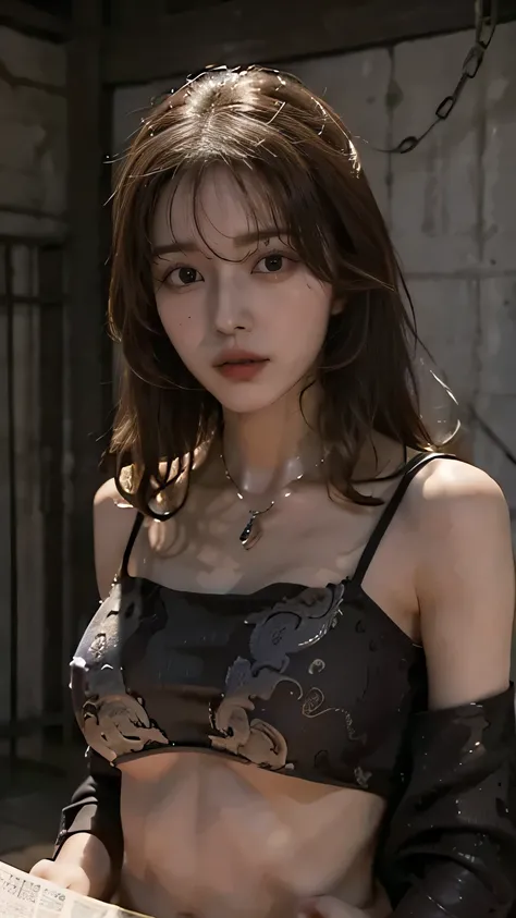 (32K:1.9, Highest quality, masterpiece, Ultra-high resolution), Professional camera work:1.6, Very detailedな肌と顔の質感:1.3, Always accurate, Very detailed, ((23 years old, Rookie Undercover Agent, Dark dungeons:1.4, Suspension:1.3, The whole body is bound with...