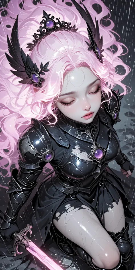 Girl, warrior, full armor, intricate armor, black armor, long and wavy hair, looking upward, closed eyes, chiaroscuro light, view from above, glossy armor, iluminate, rain, pale, despair, Shattered, torn armor."
"Broken and tattered armor.Girl, extra long...