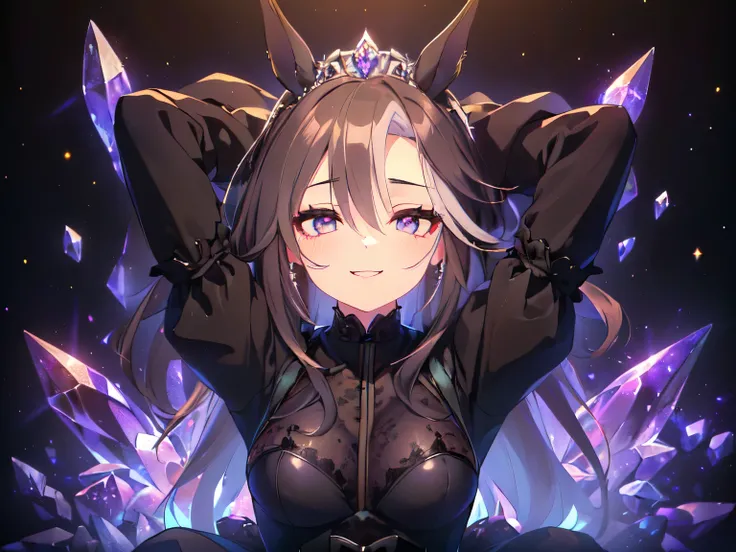(Theme is "Little Black Bride": 1.5), (Solo, Alone, , Girl, Big , Horse Ears, Long Hair, No Ears, Sitting Flat on the Ground, Arms Behind Head, Leaning Slightly, Looking Up with a Big Smile, Long Sleeves, Wearing a Black Lace Wedding Dress, Wearing a Tiar...