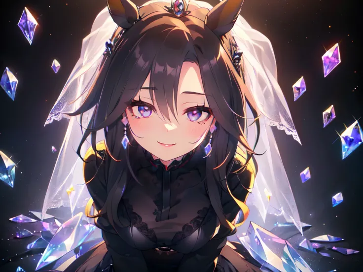 (Theme is "Little Black Bride": 1.5), (Solo, Alone, , Girl, Big , Horse Ears, Long Hair, No Ears, Sitting Flat on Ground, Arms Behind Head, Leaning Forward Quite, Looking Up with Big Smile, Wearing Black Lace Long Sleeves, Black Lace Wedding Dress, Wearin...