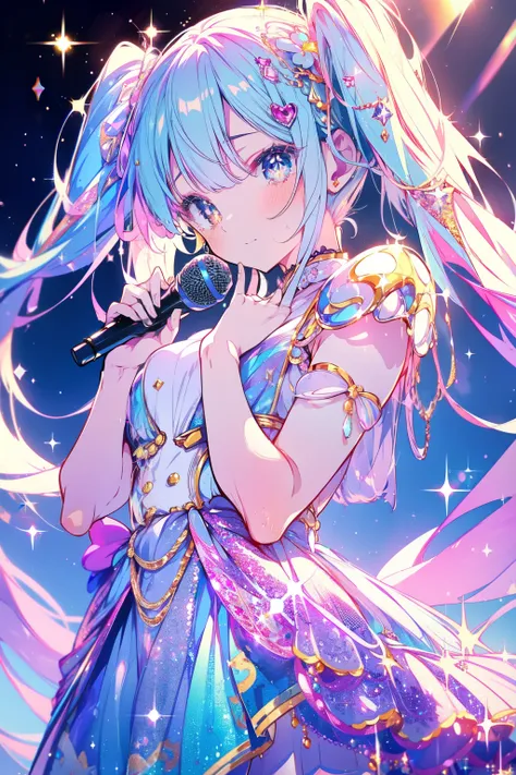 masutepiece, High resolution, 8K, anime woman, Delicate and detailed writing 、Detailed digital illustration、Very long hair and shiny、Bangs、a very beautiful woman、Eyes are double, Large,High image quality, High quality、Detailed background、(((Wearing idol cl...