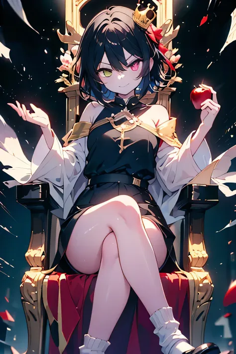 ,Whole body,,short hair,black hair,,heterochromia,red eye,purple eye,,eyes are shining,golden large crown,cute,is cool, eating a red apple ,smirking expression with one hand,He wears one gold crown on his head,facing the front,Erotic,Moose Sleeve,, sitting...