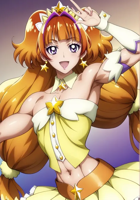 score 9 、score 8 up、score 7 up、source anime、傑作、最高品質、高解像度、anime coloring、1boy、cure twinkle、(male:1.6)、man is wearing a yellow mini dress、orange brown haired boy、official art、solo、long hair、orange hair、low tied long hair、multicolored hair、brown hair、two tone...