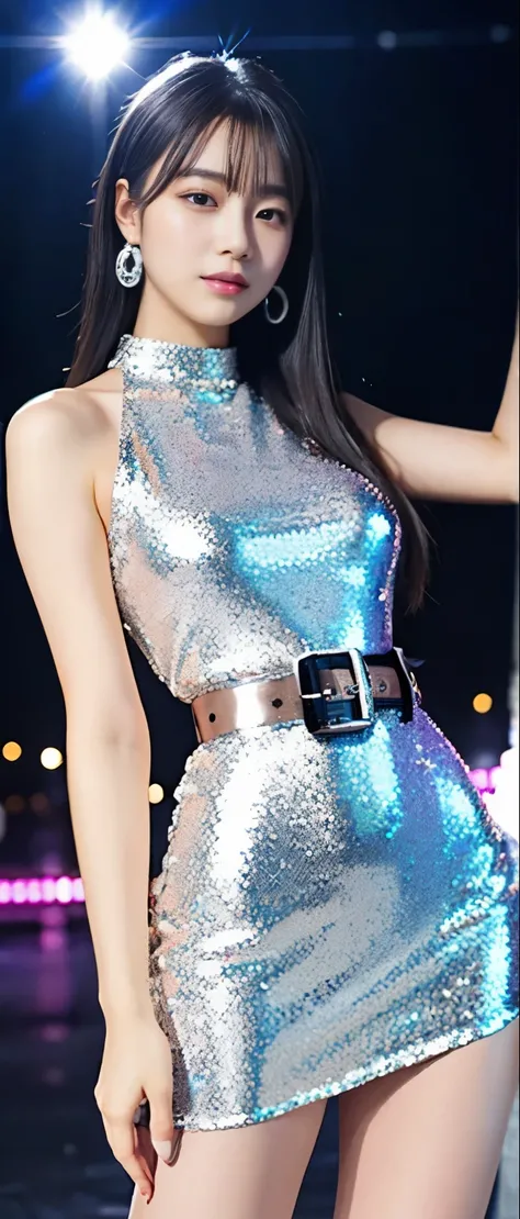 pure idol girl、A pure girl's face、 hypo、、silver sequin tight dress、Diamond Belt、Glowing、