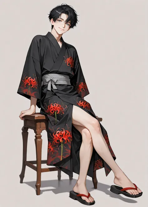 ((masterpiece)), ((Highest Quality)), ((solo)), one man,  Full Body Standing Picture , young man sitting with legs crossed, A boy wearing a black kimono with a spider lily pattern, beautiful illustrations, gradient color, short casual hair, black hair, Gre...