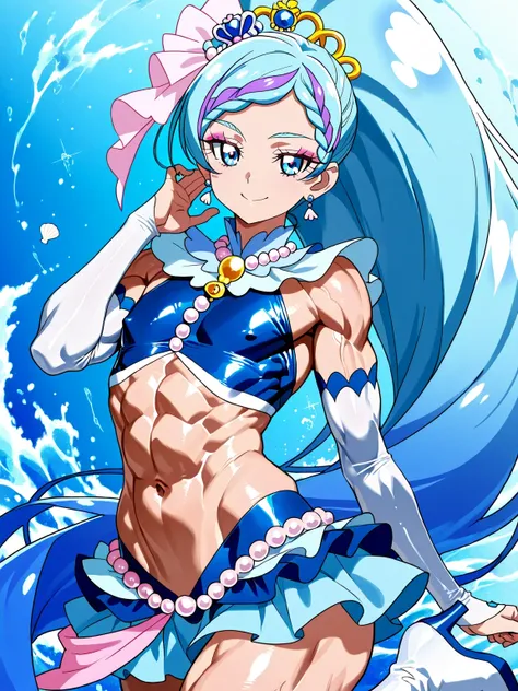 score 9 、score 8 up、score 7 up、source anime、傑作、最高品質、高解像度、anime coloring、1man、cure mermaid、man is wearing a royal blue dress with seashell and pearl outfit、cyan hair、multicolored hair、very long hair、high ponytail hair、purple  bangs、gradient hair、braided ban...