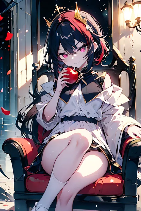 ,Whole body,,short hair,black and red hair,,heterochromia,red eye,purple eye,,eyes are shining,golden large crown,cute,is cool, eating a red apple ,smirking expression with one hand,He wears one gold crown on his head,facing the front,Erotic,Moose Sleeve,,...