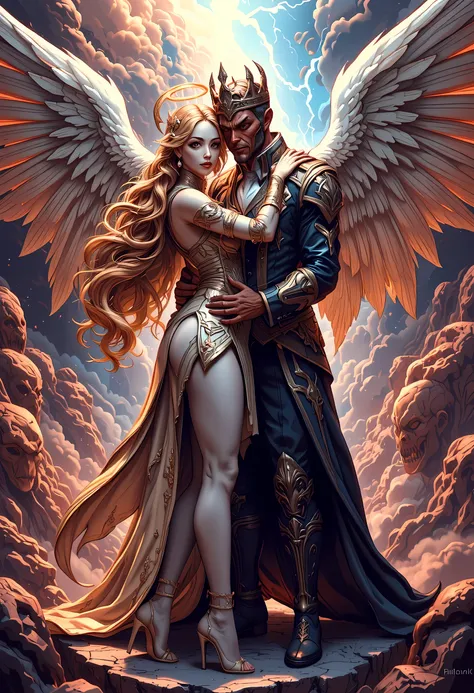 n epic comic art painting, watercolor masterpiece art king of hell and a queen from heaven hugging in heaven, a female queen angel wearing gold crown, wearing tight sexy dress, (white stockings: 1.3), high heels, dynamic color dress, pale skin, best detail...