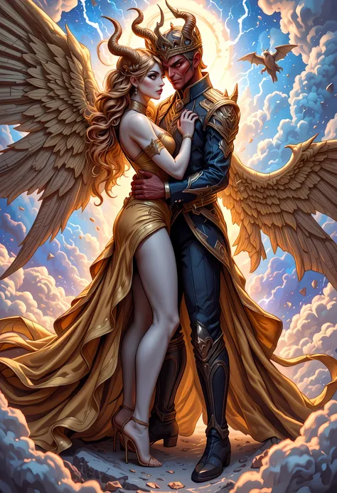 n epic comic art painting, watercolor masterpiece art king of hell and a queen from heaven hugging in heaven, a female queen angel wearing gold crown, wearing tight sexy dress, (white stockings: 1.3), high heels, dynamic color dress, pale skin, best detail...