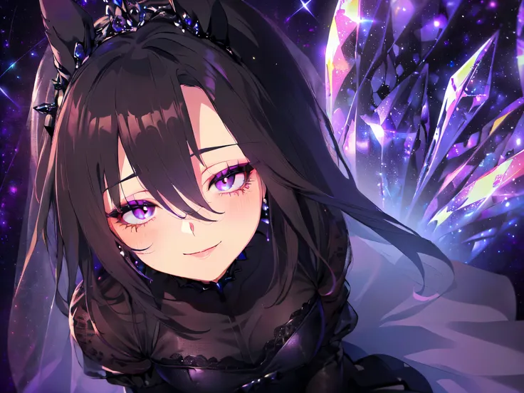 (Theme is "Little Black Bride": 1.5), (Solo, Alone, , Girl, Big , Horse Ears, Long Hair, No Ears, Sitting Flat on the Ground, Arms Behind Head, Leaning Forward Quite, Looking Up with a Big Smile, Full Body See-Through, Wearing Black Lace Long Sleeves, Wea...