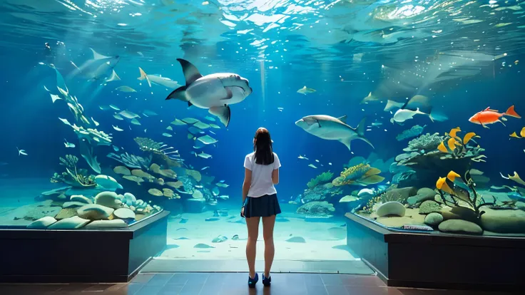 Large, dimly illuminated aquarium, while light dances through the water , watching schools of enchanting fish swimming in a huge tank . soft blue surface , (Majestic rays, giant sharks, and large colorful tropical fish are swimming in the tank:1.5), Colour...