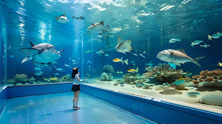 Large, dimly illuminated aquarium, while light dances through the water , watching schools of enchanting fish swimming in a huge tank . soft blue surface , (Majestic rays, giant sharks, and large colorful tropical fish are swimming in the tank:1.5), Colour...