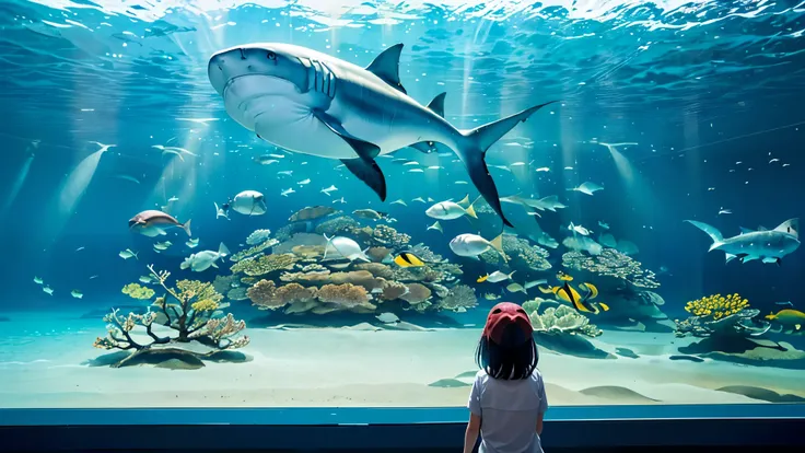Large, dimly illuminated aquarium, while light dances through the water , watching schools of enchanting fish swimming in a huge tank . soft blue surface , (Majestic rays, giant sharks, and large colorful tropical fish are swimming in the tank:1.5), Colour...
