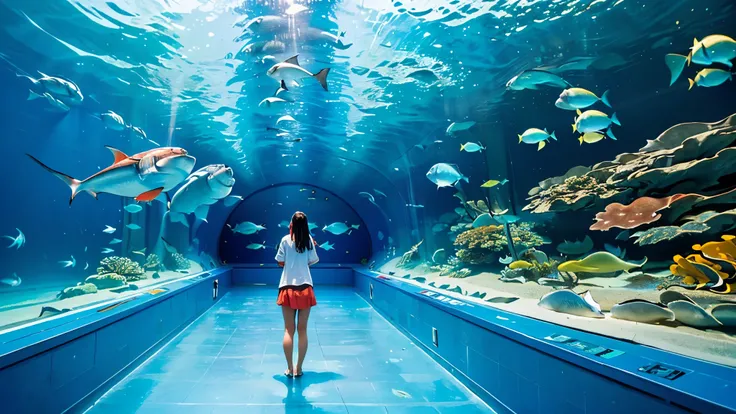 Large, dimly illuminated aquarium, while light dances through the water , (I'm watching many fascinating schools of fish swimming in a super huge tank:1.5) . soft blue surface , (Majestic rays, giant sharks, and large colorful tropical fish are swimming in...