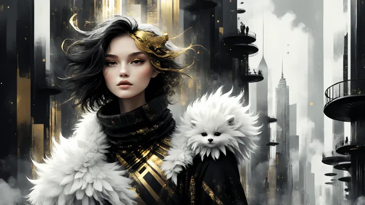 novuschroma style Fluffy magic full body girl fantasy illustration in Novuschroma style in a futuristic city as background. color palette white patterns, black and gold