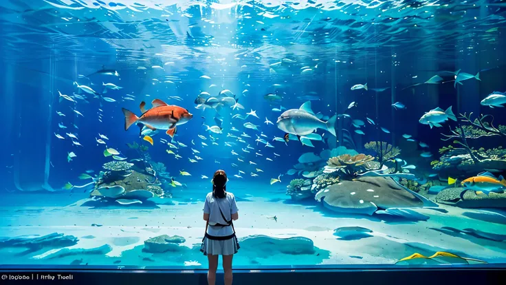 Large, dimly illuminated aquarium, while light dances through the water , (I'm watching many fascinating schools of fish swimming in a super huge tank:1.5) . soft blue surface , (Majestic rays, giant sunfish, and large colorful tropical fish are swimming i...