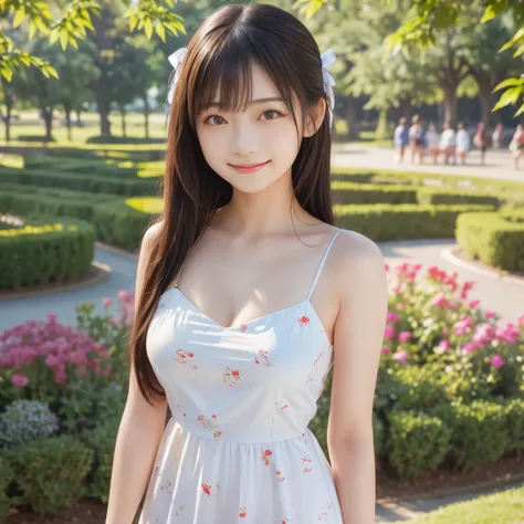 (masterpiece,best quality: 1.4),
(8k,raw photo,photo realistic:1.2),shiny skin, detailed skin,detailed face,detailed eyes,Japanese idol,beautiful face. A park with a flower garden. Blue sky. Beautiful lawn. A beautiful girl. She is a very pretty Japanese g...