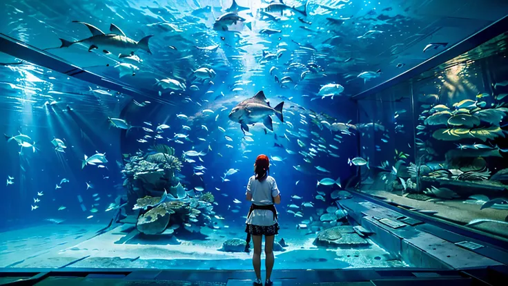 Large, dimly illuminated aquarium, while light dances through the water , (I'm watching many fascinating schools of fish swimming in a super huge tank:1.5) . soft blue surface , (Majestic rays, giant sunfish, and large colorful tropical fish are swimming i...