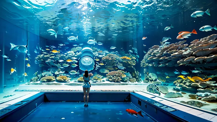 Large, dimly illuminated aquarium, while light dances through the water , (I'm watching many fascinating schools of fish swimming in a super huge tank:1.5) . soft blue surface , (Majestic rays, giant sunfish, and large colorful tropical fish are swimming i...