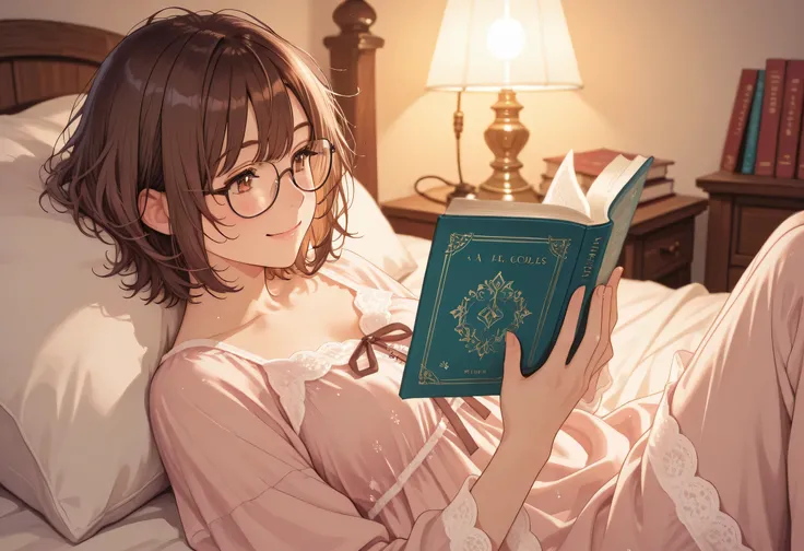 A cute nerdy girl, wearing a thick wool comfortable nightgown, thick-rimmed glasses, messy brown short hair, highly detailed, masterpiece, vibrant colors, warm lighting, nightgown with delicate stitching, natural hair strands, relaxing, in a messy bed, in ...