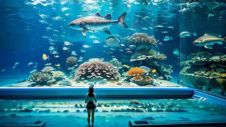 Large, dimly illuminated aquarium, while light dances through the water , (I'm watching many fascinating schools of fish swimming in a super huge tank:1.5) . soft blue surface , (Majestic rays, giant sunfish, and large colorful tropical fish are swimming i...