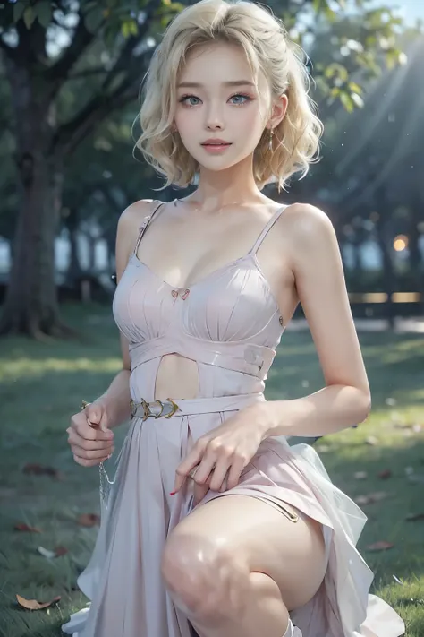 ((knee shot)), Shot from a random perspective, 22-year-old Asian model, slim, Slimming the waist, curlies, Pink princess dress, cropped shoulders, high-waist, Nice belt, golden hair, warm lights, Warm tones Slender legs, Cross ed leg, In the park, Walking ...