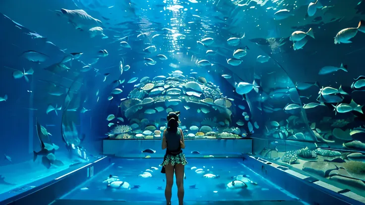 A huge, dimly illuminated, futuristic aquarium, while light dances through the water , (I'm watching many fascinating schools of fish swimming in a super huge tank:1.5) . soft blue surface , (Majestic rays, giant sunfish, and large colorful tropical fish a...