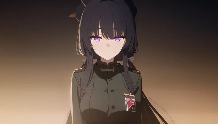 masterpiece, best quality, solo, 1girl, black hair, medium to long hair, violet eye, medium breast, dark green japan military uniform, standing, looking at viewer, wandering gaze, reserved, quiet, smiling, composed, black background only