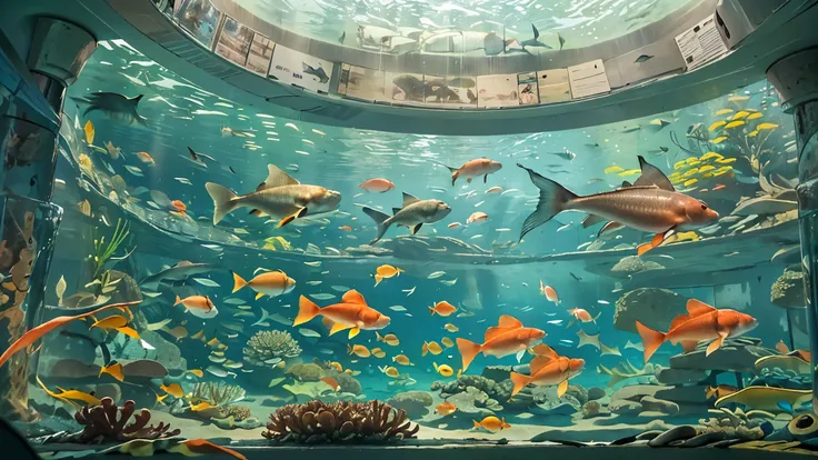 A huge, dimly illuminated, futuristic aquarium, while light dances through the water , (I'm watching many fascinating schools of fish swimming in a super huge tank:1.5) . soft blue surface , (Majestic rays, giant sunfish, and large colorful tropical fish a...