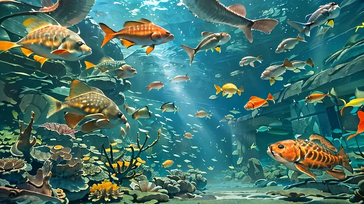 A huge, dimly illuminated, futuristic aquarium, While the blue rays dance through the water , (I'm watching many fascinating schools of fish swimming in a super huge tank:1.5) . soft blue surface , (Majestic rays, giant sunfish, and large colorful tropical...